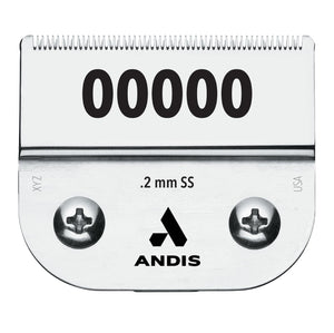 Andis Ultra Edge detachable blade in carbon steel with 0.2mm cut length for precise trimming.
