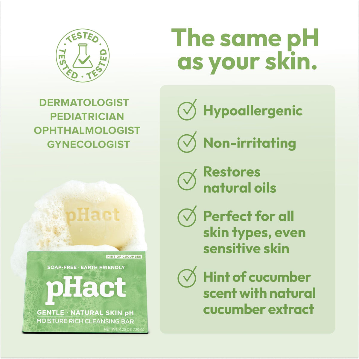 ANDREW LESSMAN pHact cucumber bar shows pH 5.7 for skin-friendly cleansing.