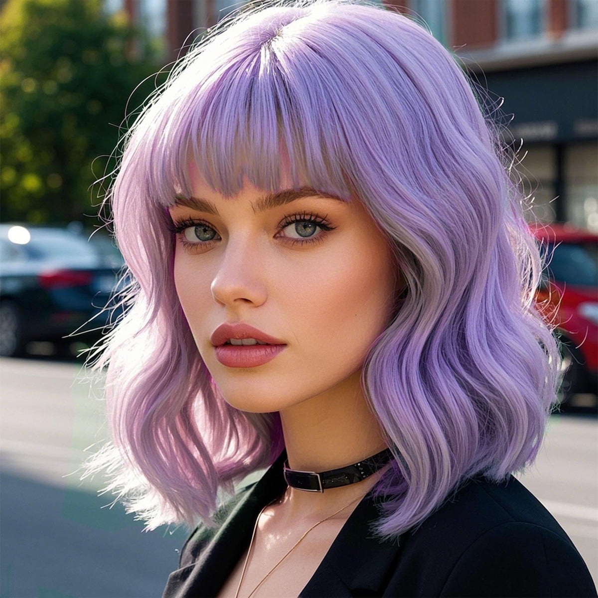 Andromeda purple wig with bangs, 14-inch front view for daily styling versatility.
