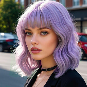 Andromeda purple wig with bangs, 14-inch front view for daily styling versatility.