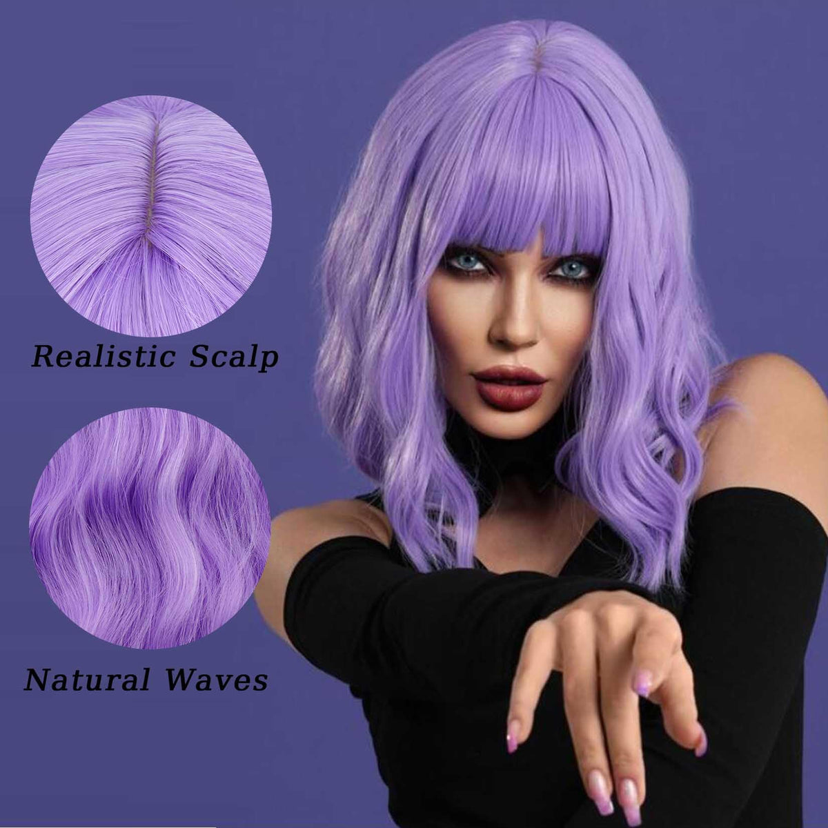 Andromeda purple wig with soft waves, 14 inches, ideal for cosplay and parties.