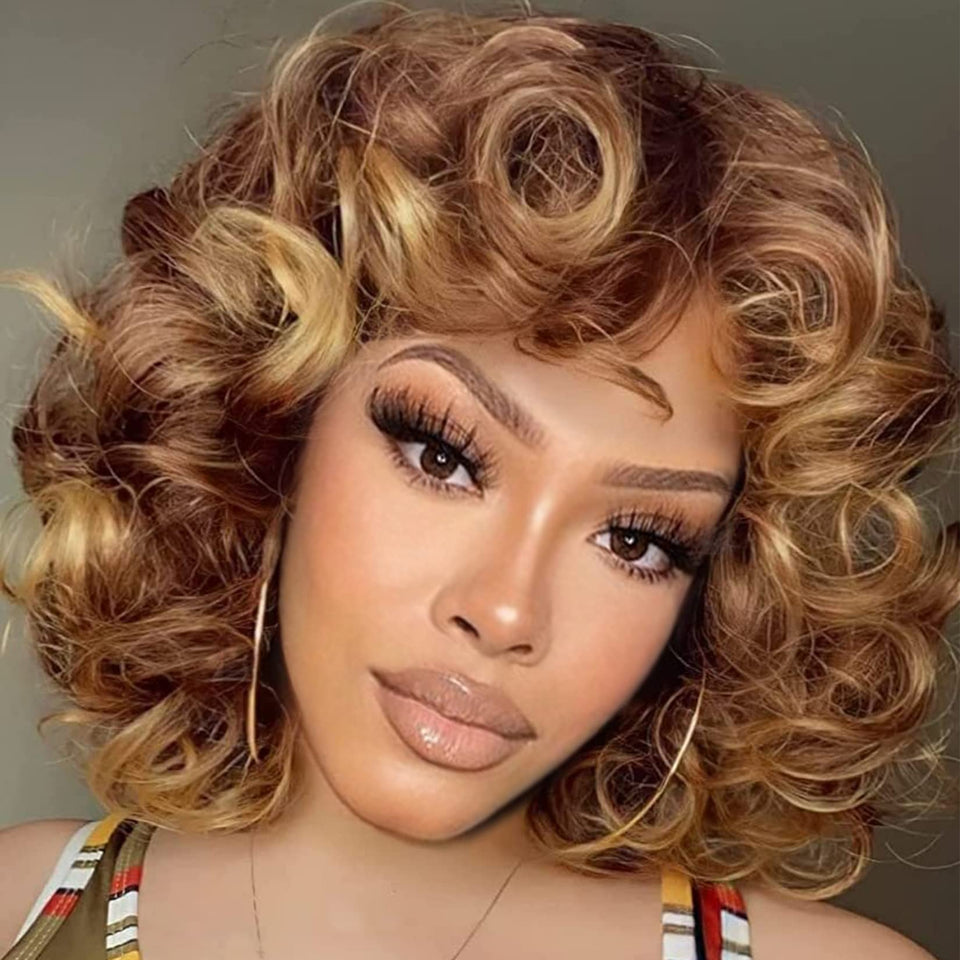 Andromeda short curly wig in soft brown blonde for everyday styling and versatility