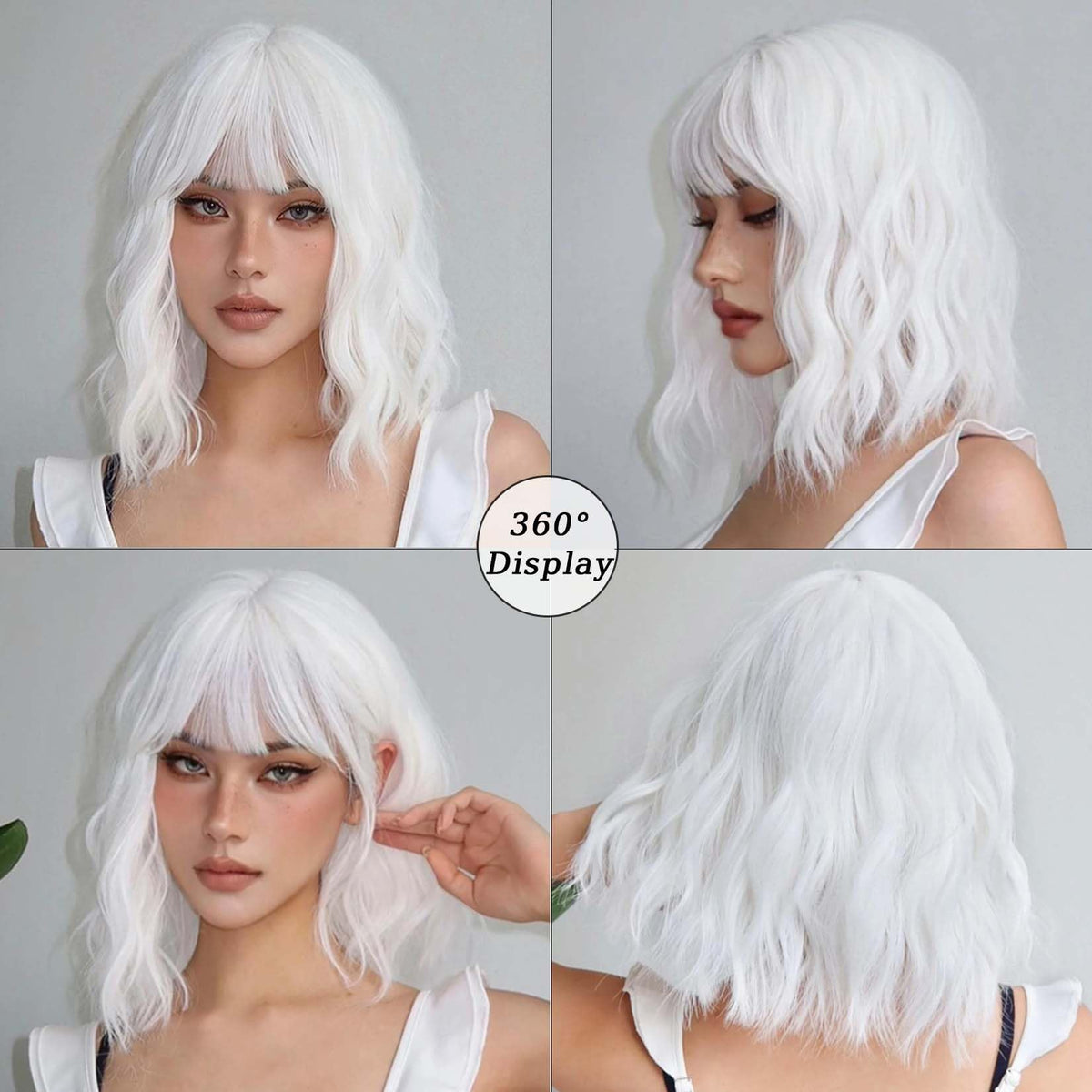 Andromeda White Wavy Bob bangs close shows fringe style and easy shaping.