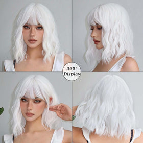 Andromeda White Wavy Bob bangs close shows fringe style and easy shaping.