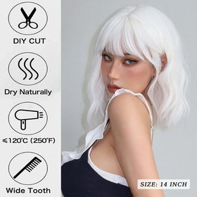 Andromeda White Wavy Bob texture detail emphasizes heat-friendly synthetic fibers.
