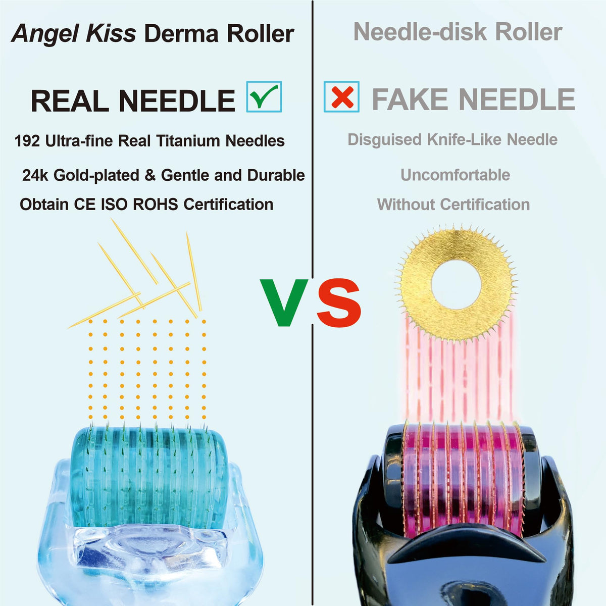 Angel Kiss derma roller with 0.3mm facial needles for gentle sessions.