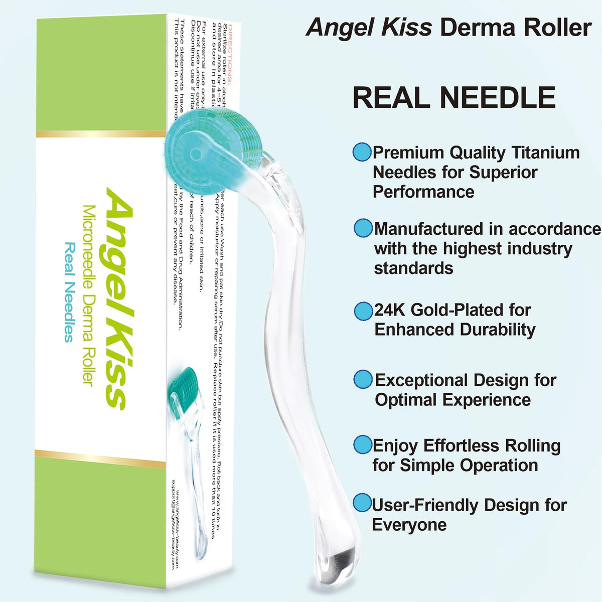 Angel Kiss derma roller lightweight handle for controlled rolling.