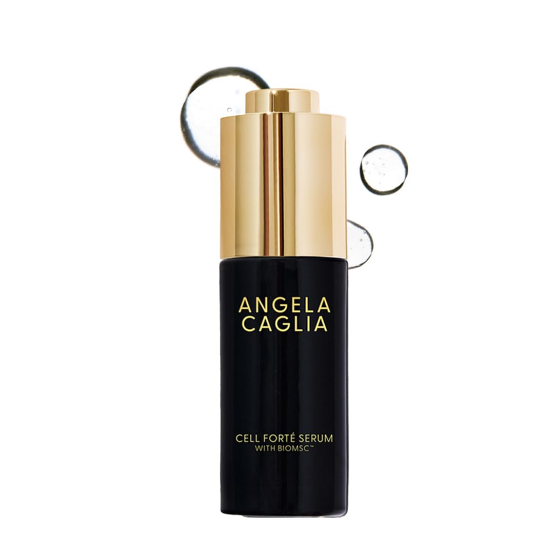 Angela Caglia Cell Forté Serum bottle glows with elegant design, promoting smoother, hydrated skin.