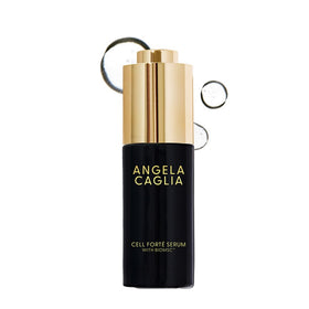 Angela Caglia Cell Forté Serum bottle glows with elegant design, promoting smoother, hydrated skin.