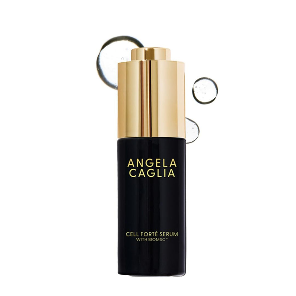 Angela Caglia Cell Forté Serum bottle glows with elegant design, promoting smoother, hydrated skin.