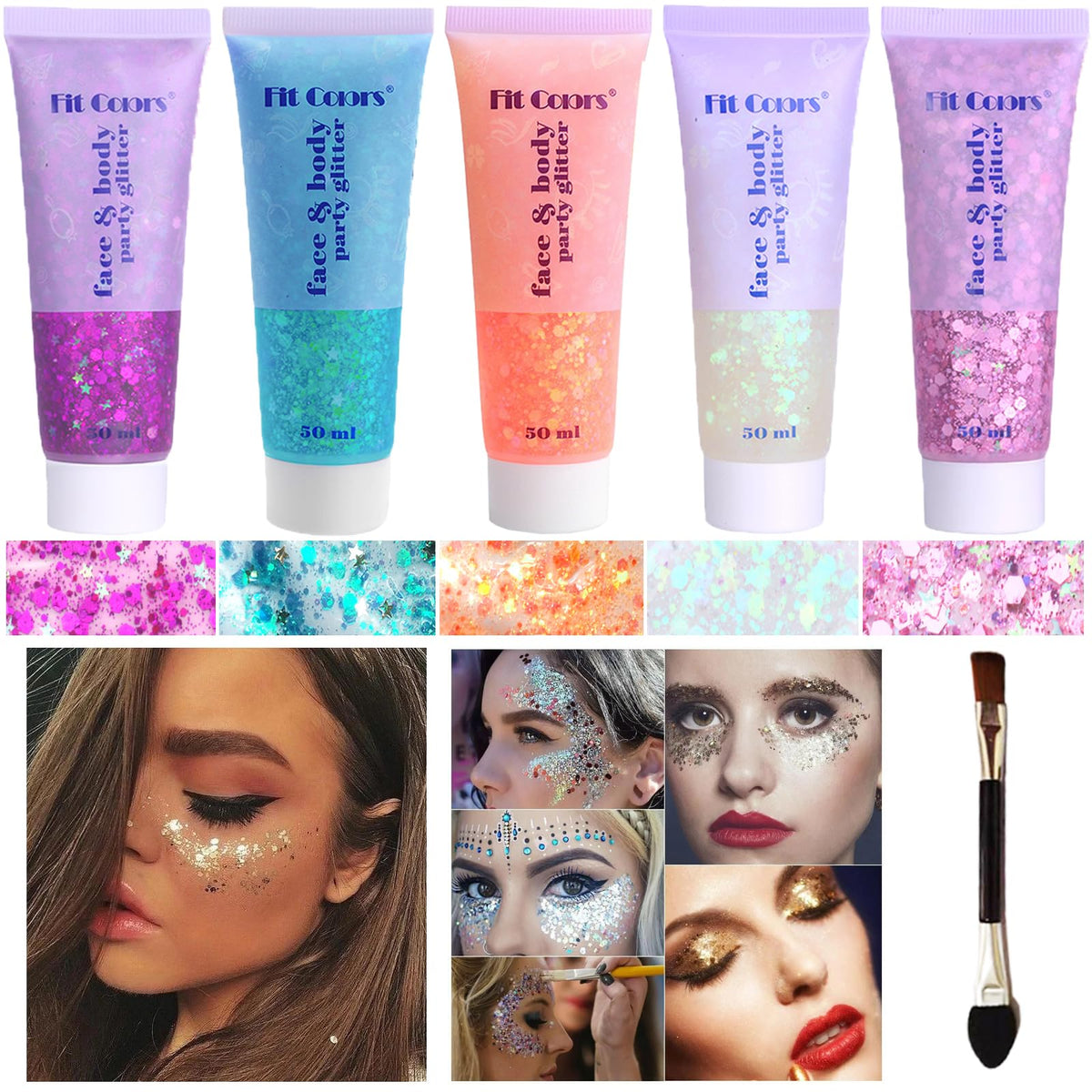 Angels Beauty body glitter gel in white and pink shining on skin for festival glow