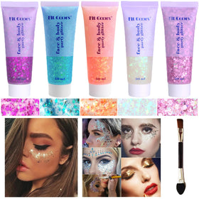 Angels Beauty body glitter gel in white and pink shining on skin for festival glow