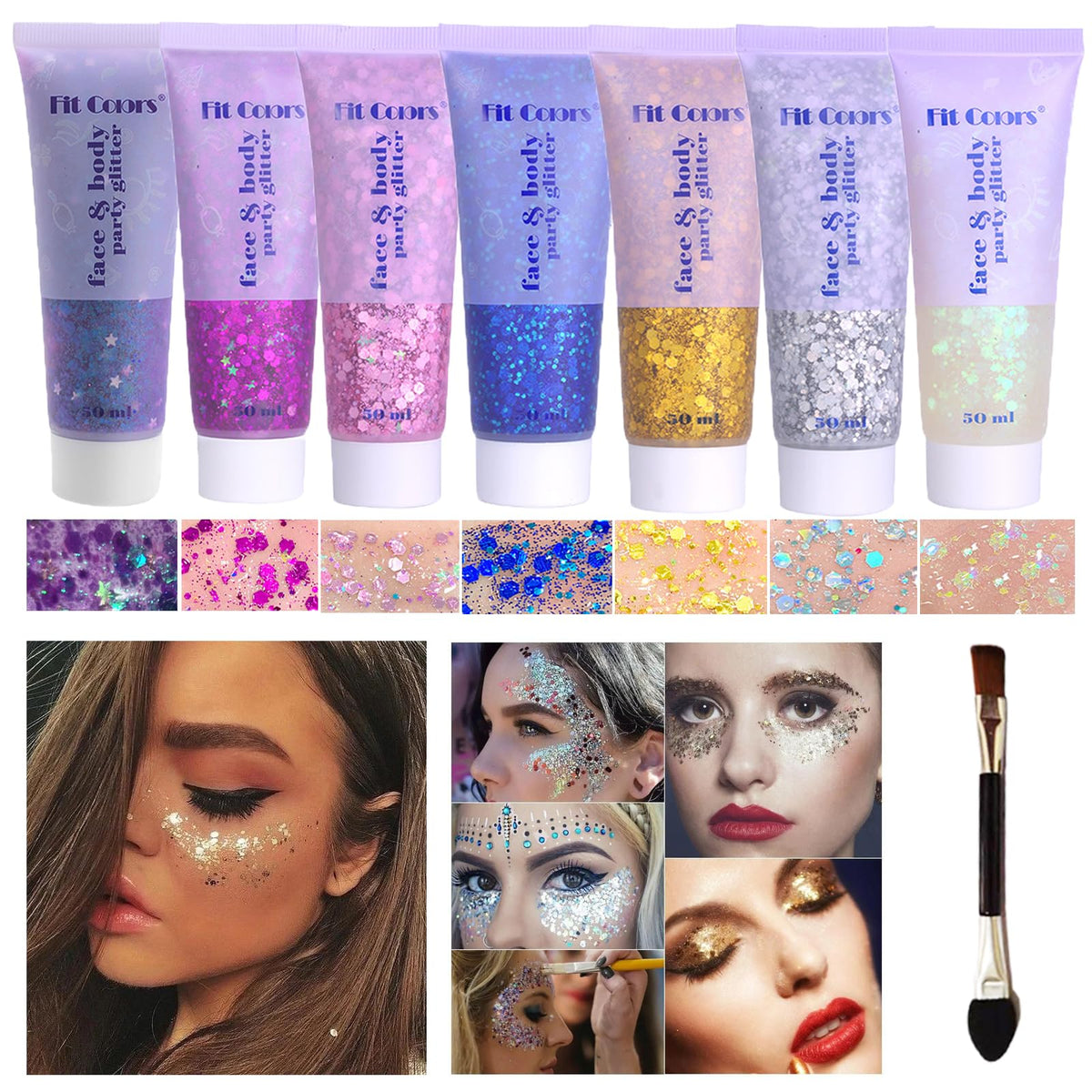 Angels Beauty face glitter gel on white silver pink tones for festival shine