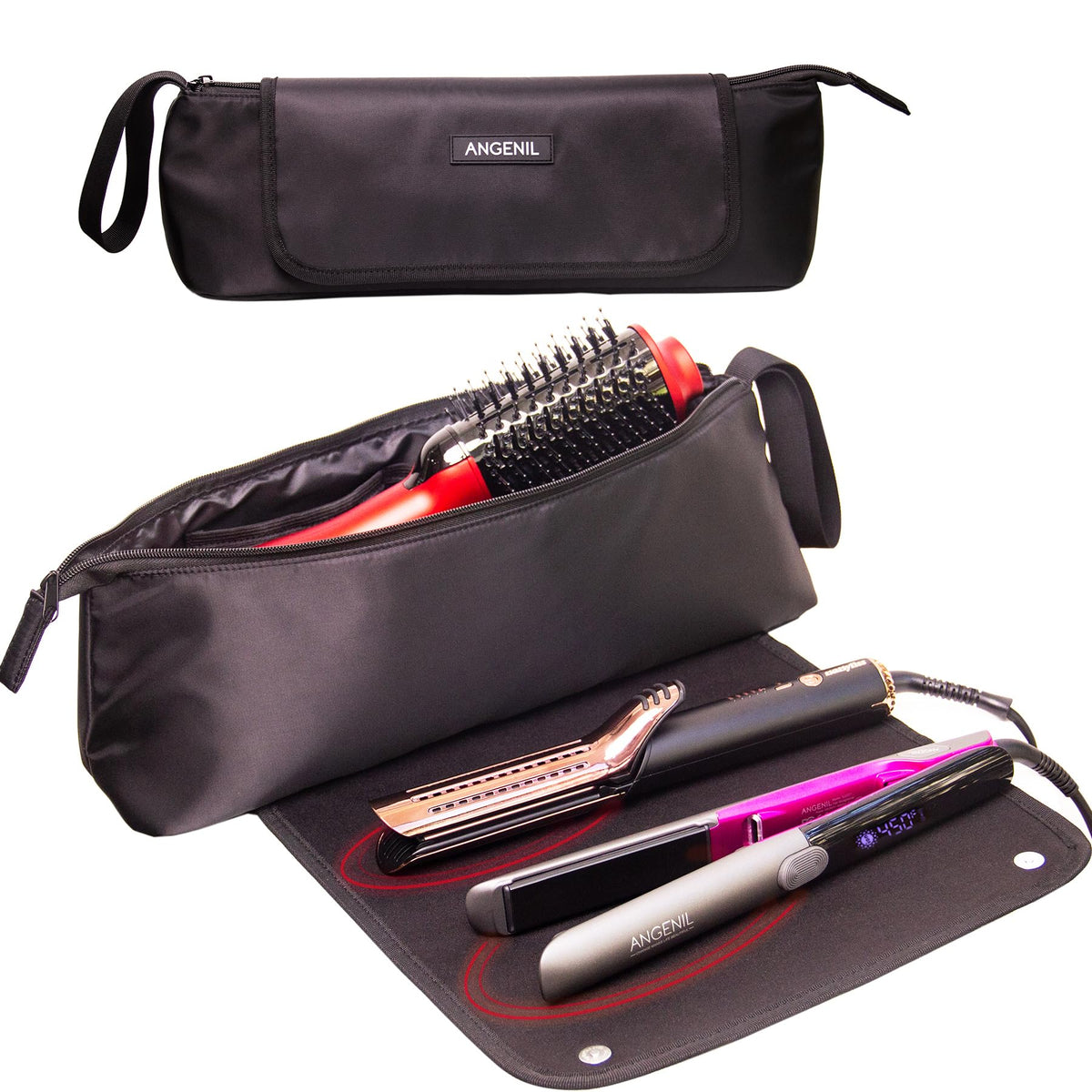 ANGENIL hair tool travel bag exterior shows spacious main compartment for 14-inch tools.