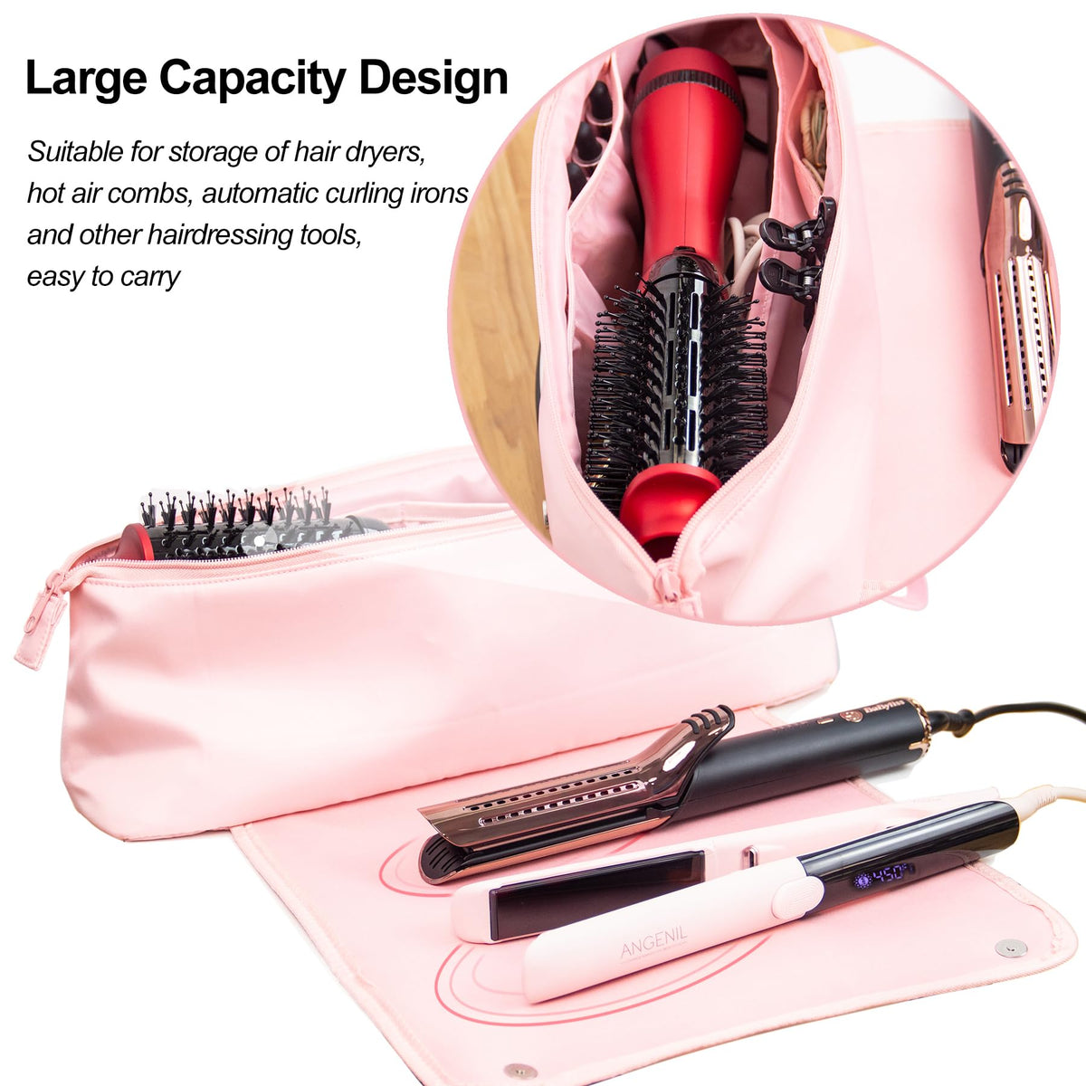 ANGENIL interior pockets organize brushes, clips, and small accessories