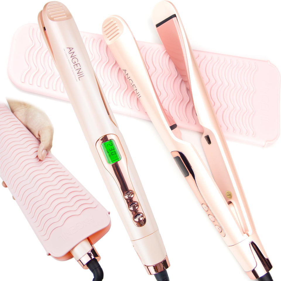 ANGENIL Pro 2-in-1 straightener-curler pink front view for versatile styling at home