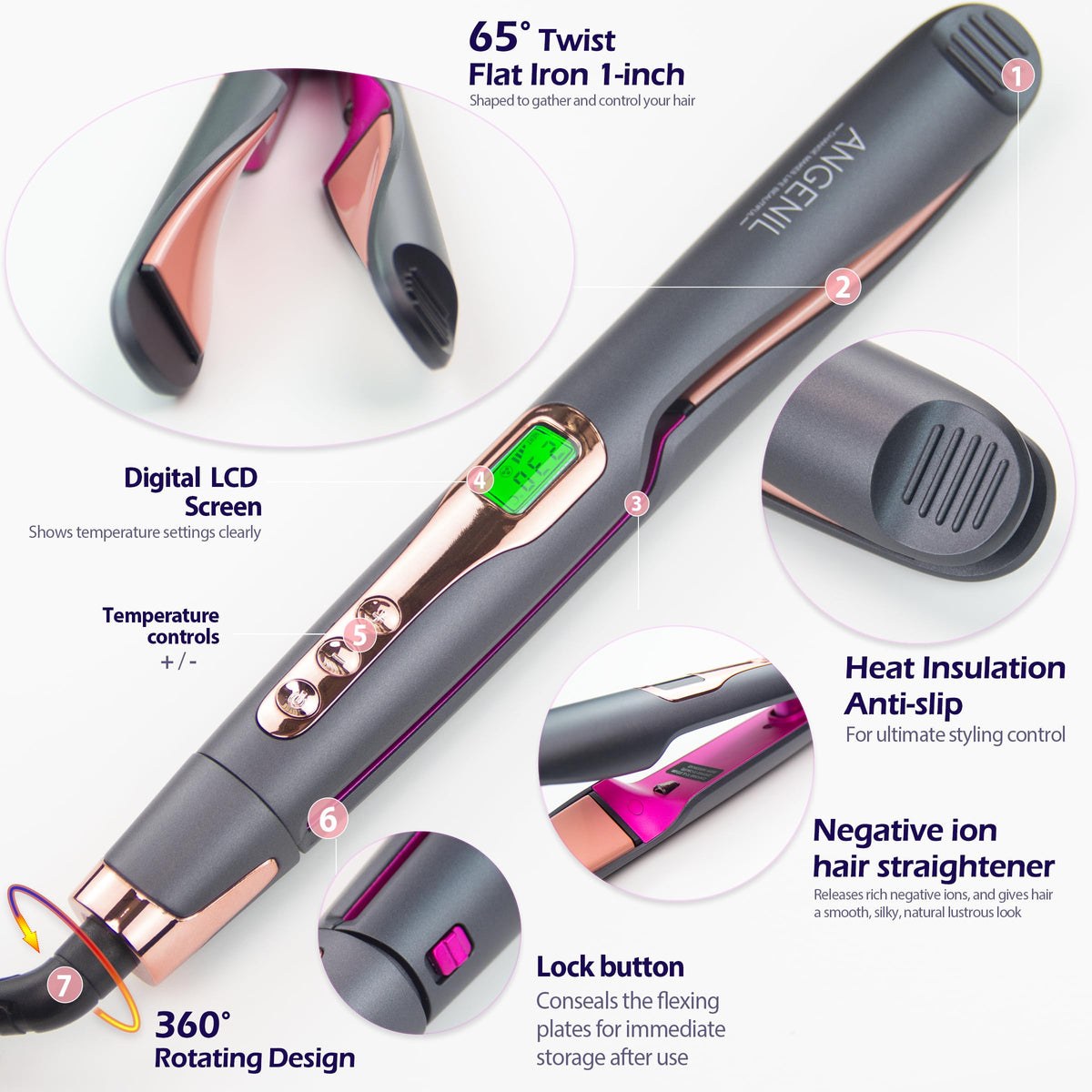ANGENIL Pro Twist LCD display shows 11 temperature settings for all hair types.