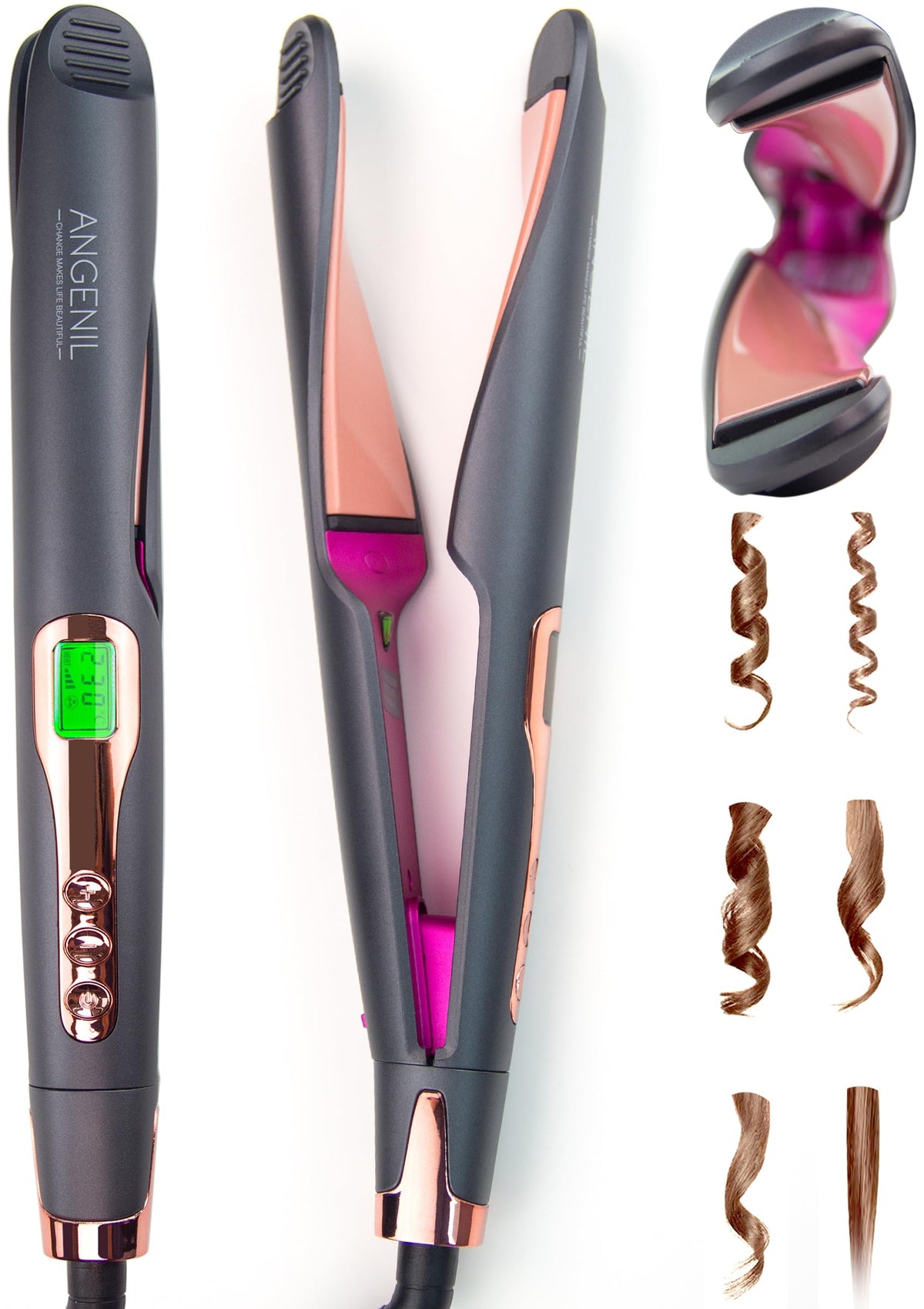 ANGENIL Pro Twist ceramic flat iron with a sleek edge design for quick straightening and curling.