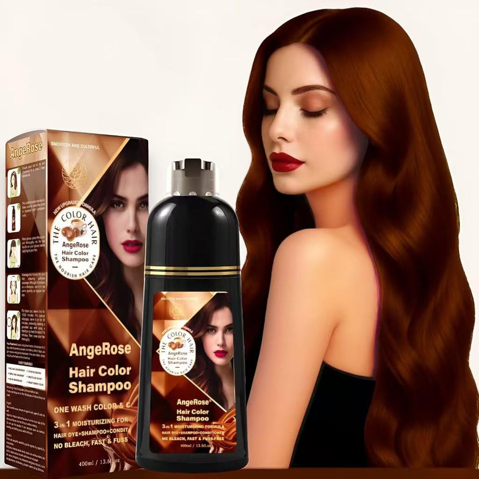 AngeRose Hair Dye Shampoo bottle pour showing easy at-home color application.