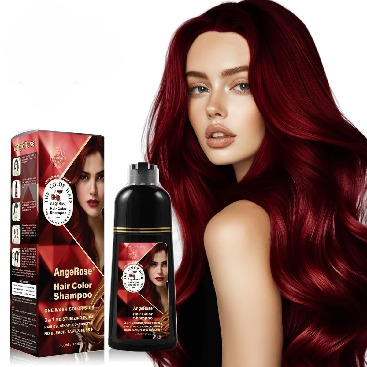 AngeRose Wine Red Hair Dye Shampoo bottle shows easy 3-in-1 color and cleansing.
