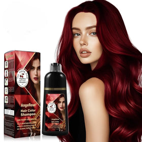 AngeRose Wine Red Hair Dye Shampoo bottle shows easy 3-in-1 color and cleansing.