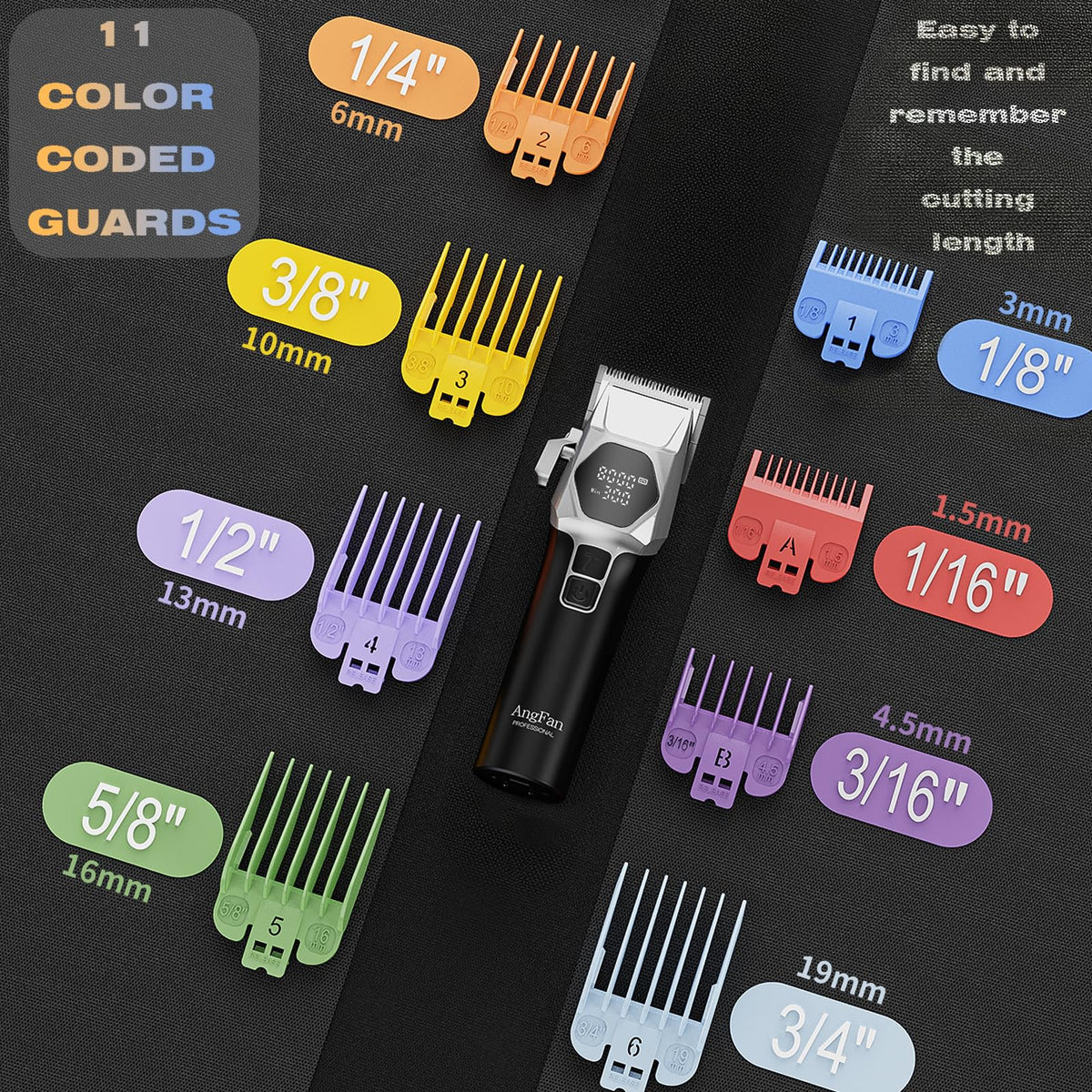 AngFan eight guards support beard shaping and precise buzz cuts.