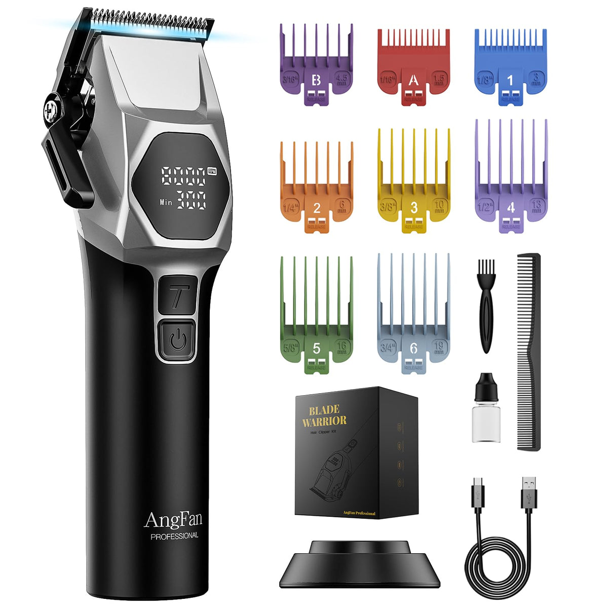 AngFan clippers with 8000rpm motor for precise fades.
