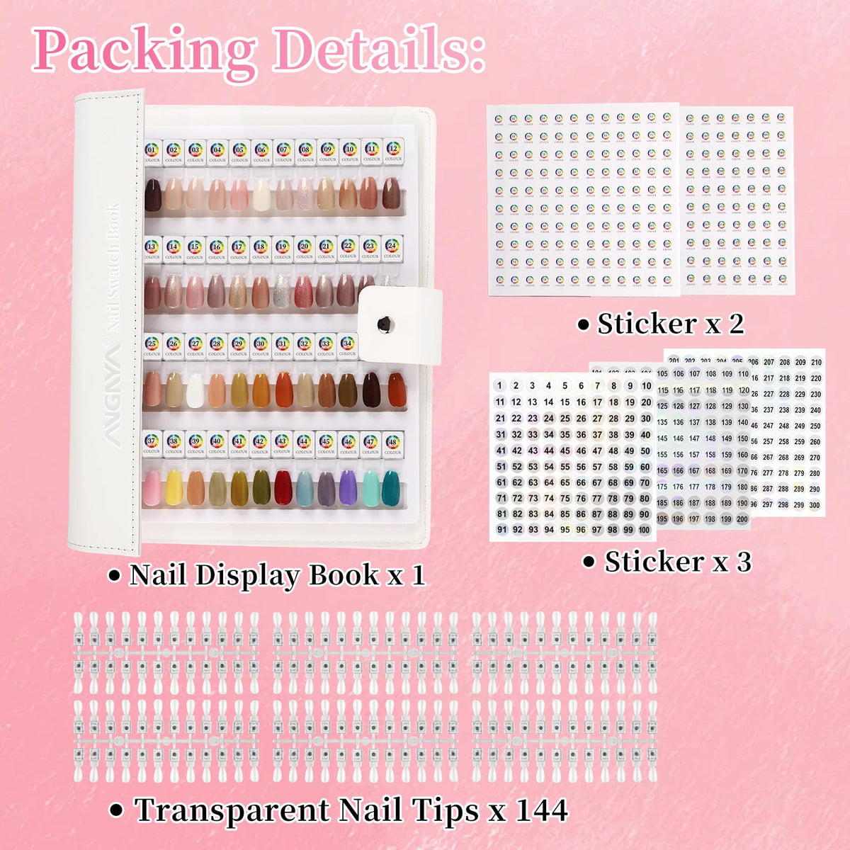 ANGNYA complete kit includes 144 magnet nails and 1-240 labels for organization.