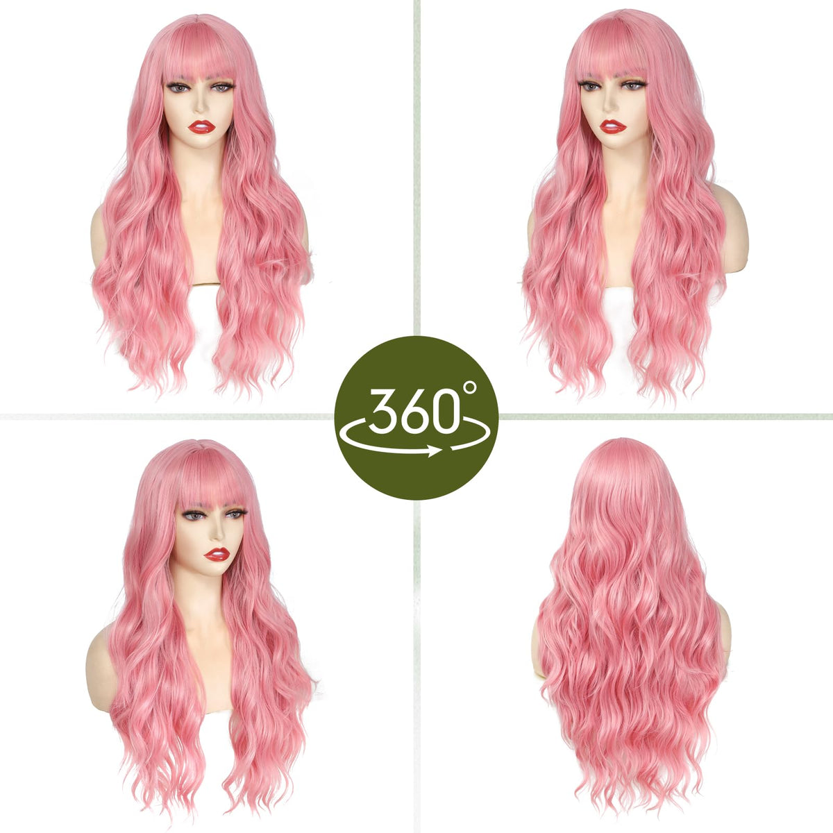 Angzon pink wig with bangs detail showing realistic fringe for versatile styling.