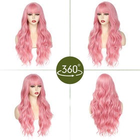 Angzon pink wig with bangs detail showing realistic fringe for versatile styling.