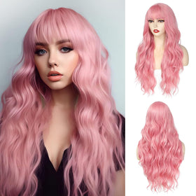 Angzon pink wig with bangs long wavy full view for daily wear.