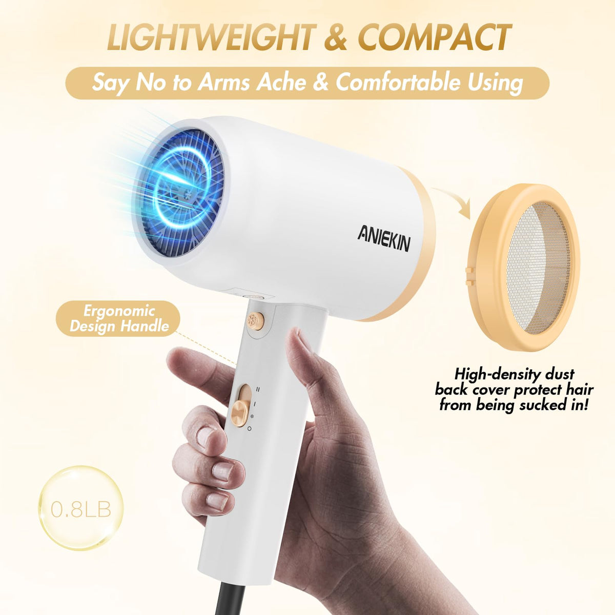 ANIEKIN hair dryer back view highlighting lightweight, easy handling