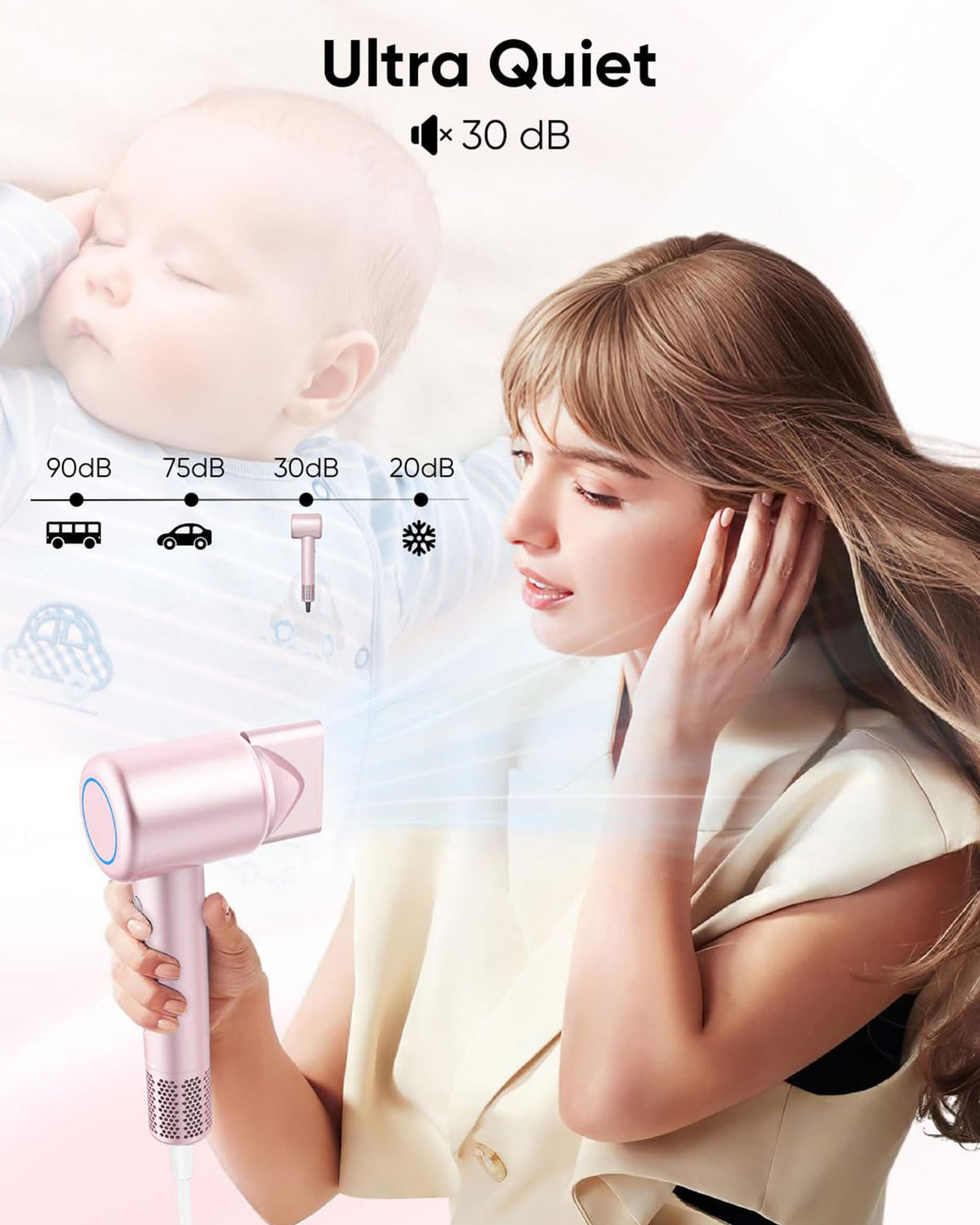 ANIEKIN hair dryer provides low-noise operation for focused styling.