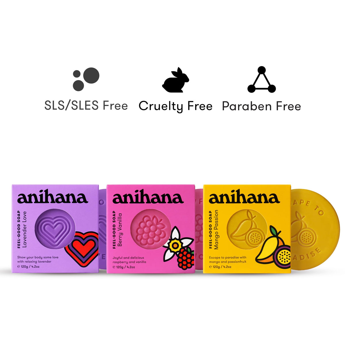 ANIHANA Feel-Good Soap Mango scent close-up bar highlighting hydrating coconut oil and shea butter