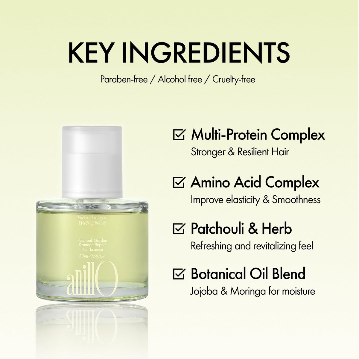 ANILLO Patchouli Garden Hair Essence leave-in application improves manageability.