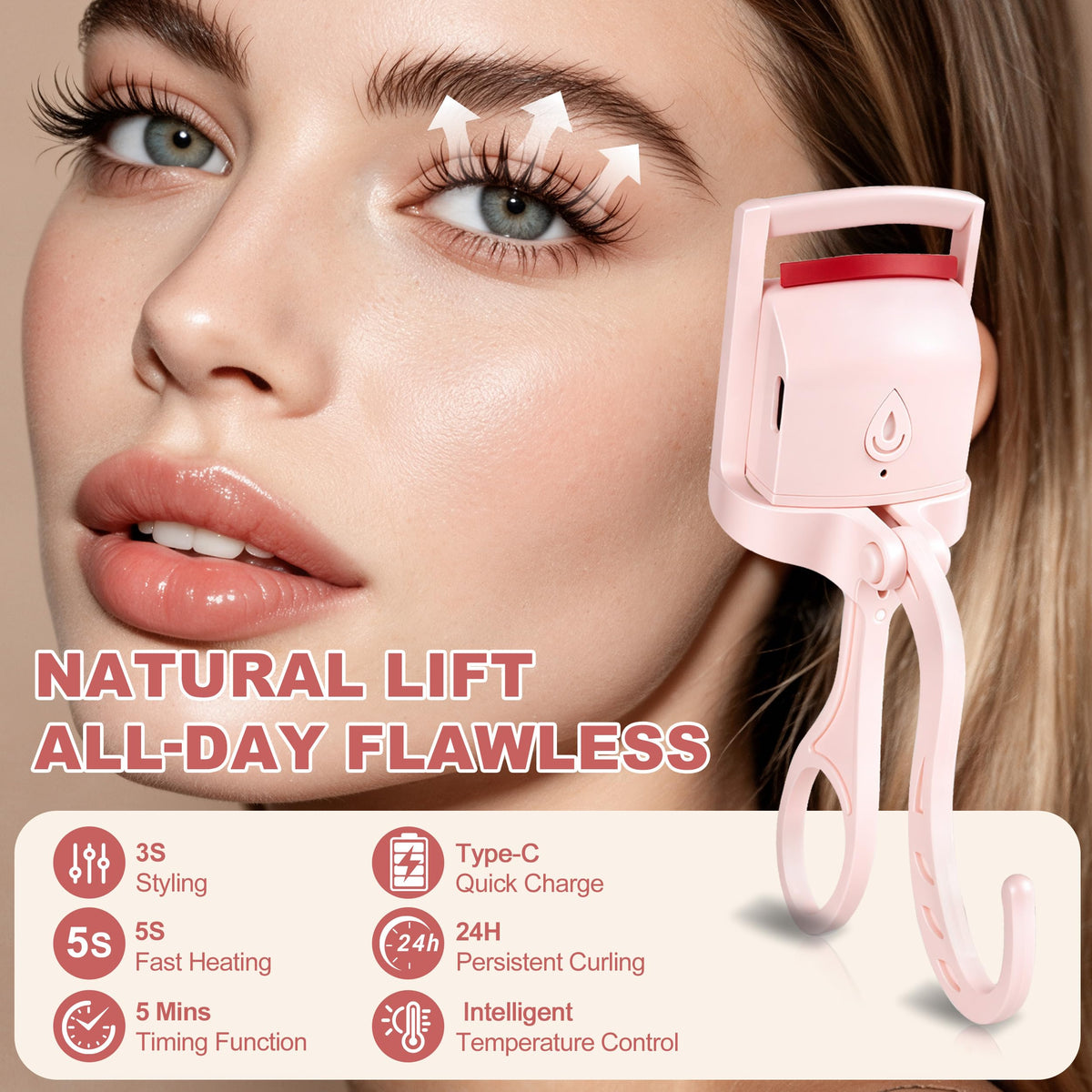 Anitiate heated eyelash curler side profile highlighting ergonomic grip for control