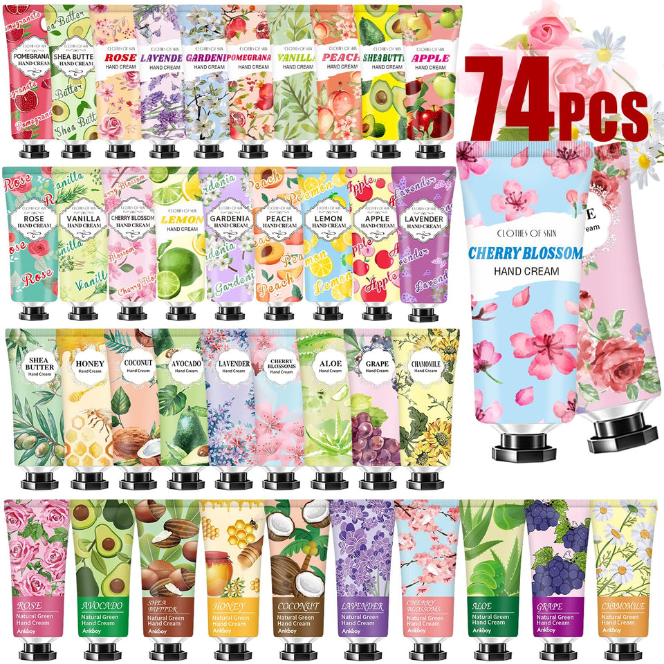 ANKOOY 74-pack hand cream gifts set is shown for gifting and daily moisturization options.