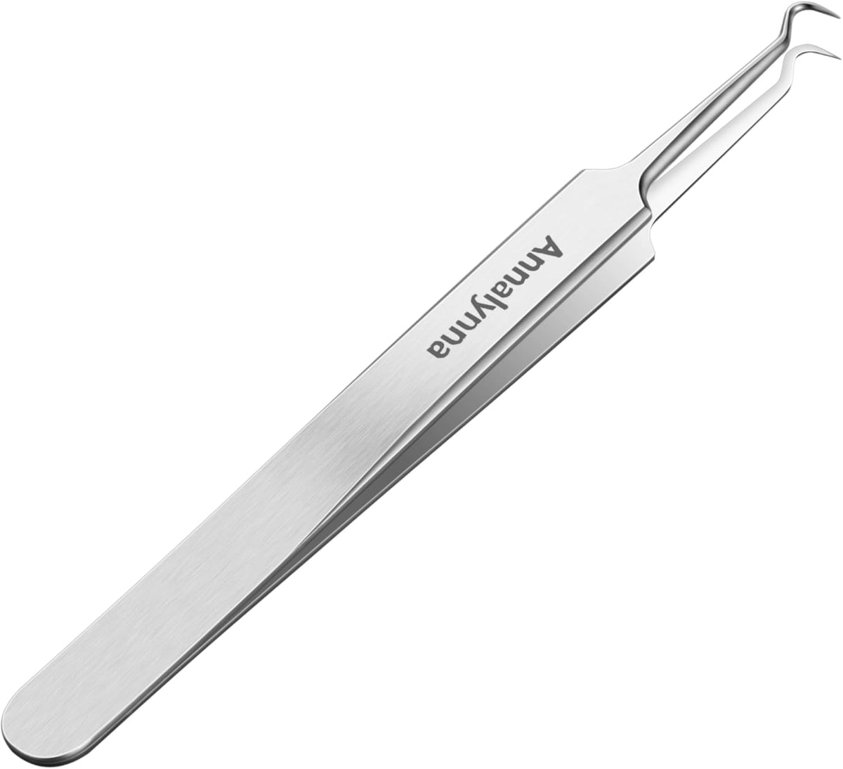 Annalynna curved tweezers metal body closeup for precise extraction and tactile feedback.
