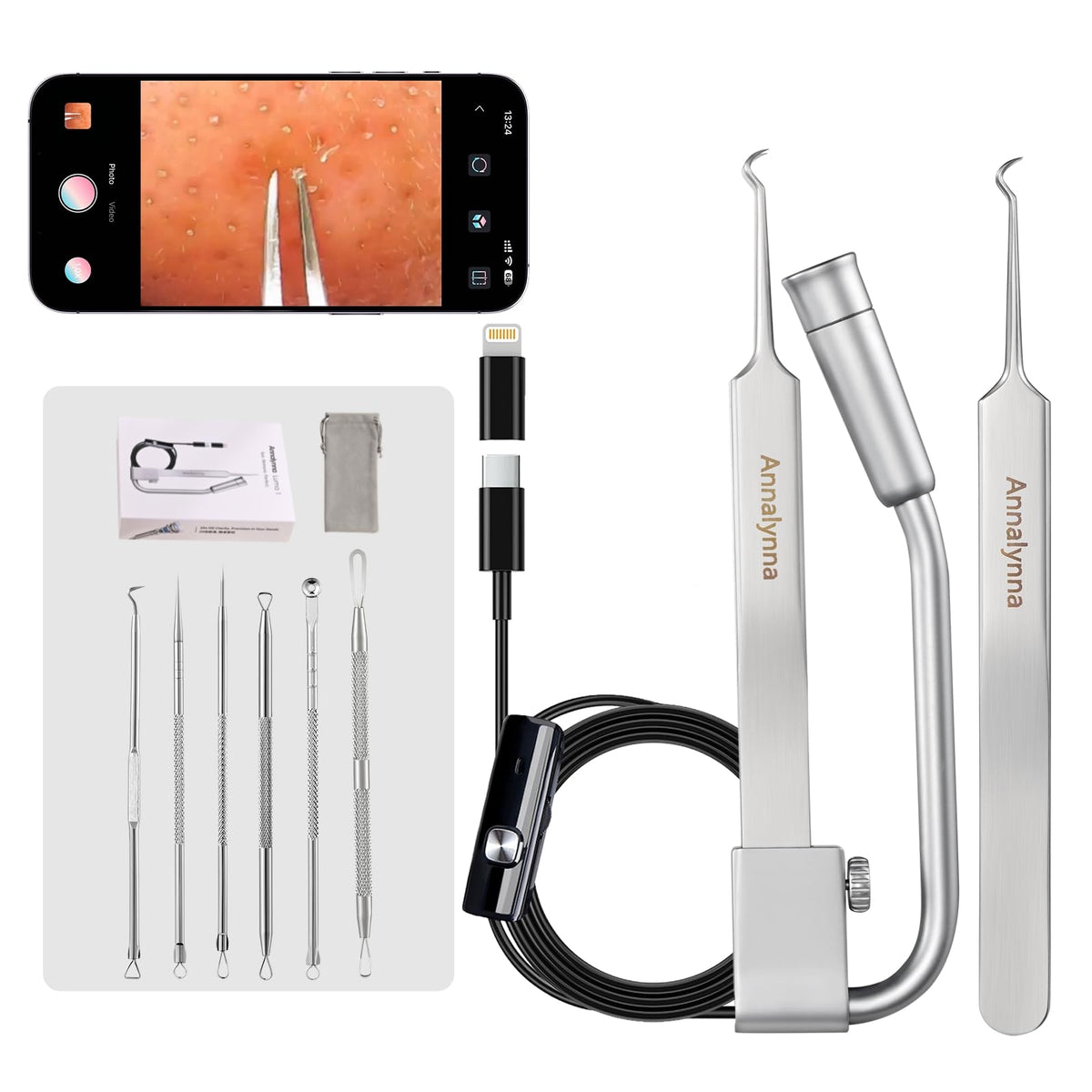 Annalynna camera-assisted blackhead remover with 20x magnification for precise extractions.