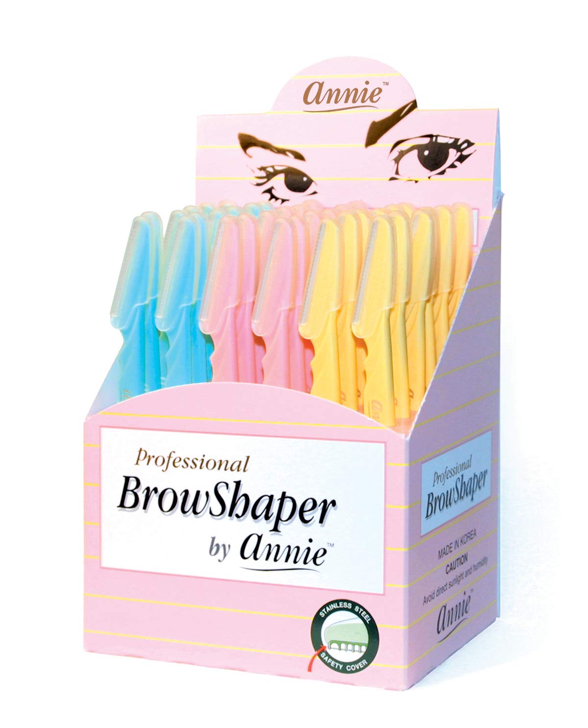 Annie eyebrow shaper razor 36-count display shows bulk value for salons and home use.