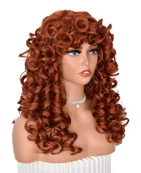 ANNISOUL copper curly wig with bangs frames the face with natural volume.