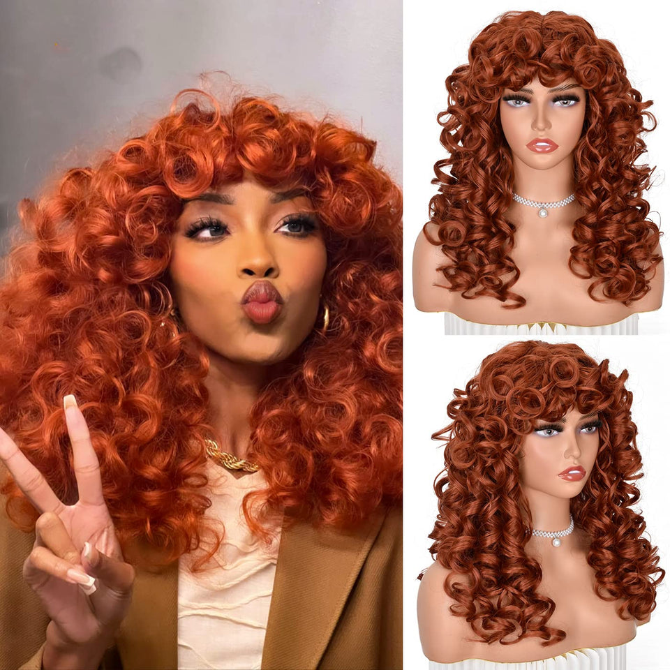 ANNISOUL copper curly wig with bangs - full head view showing voluminous curls for daily wear.