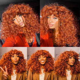 ANNISOUL copper curly wig on model demonstrates versatile styling and color compatibility.