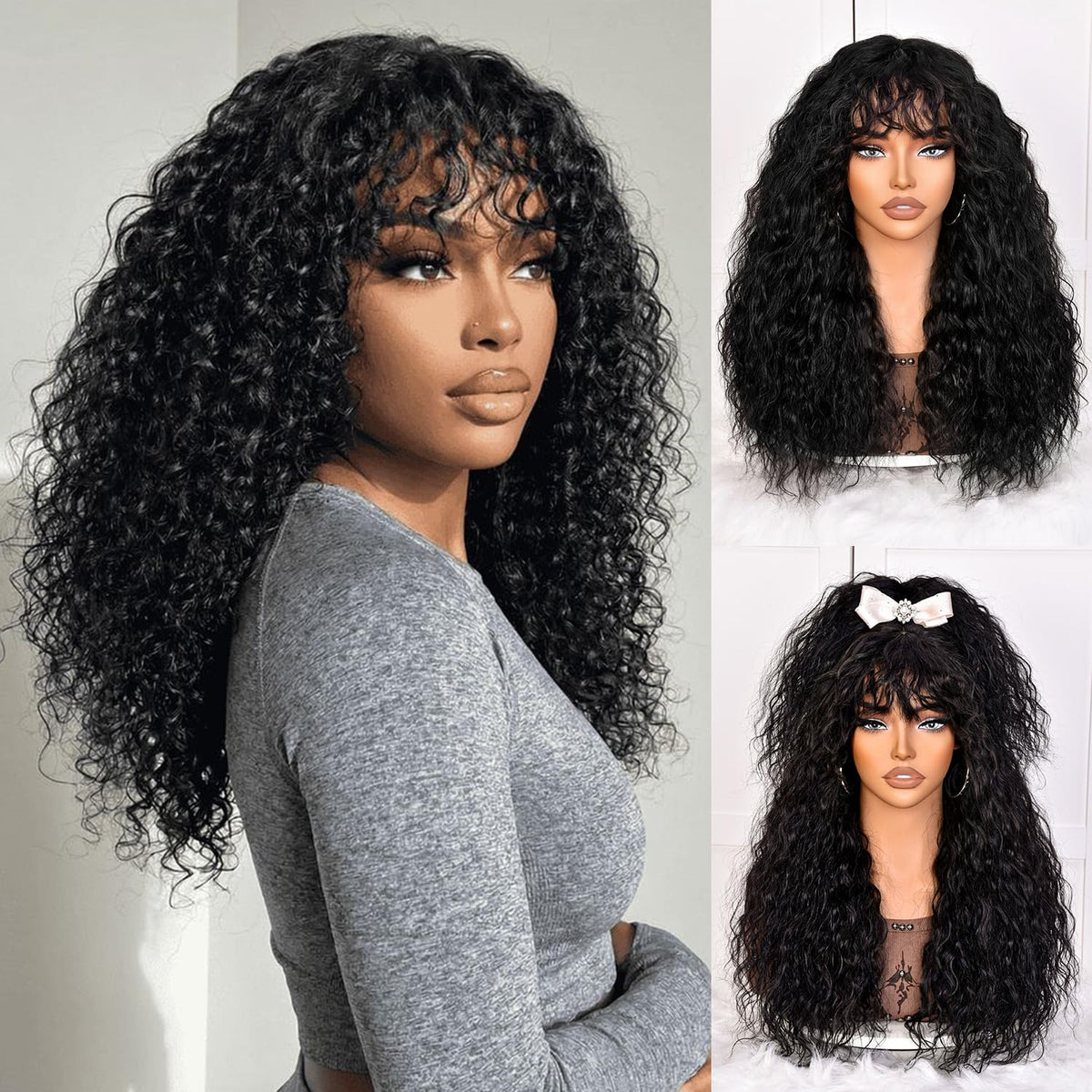 Annivia Curly Wig 22in bangs: natural long curls for daily wear.