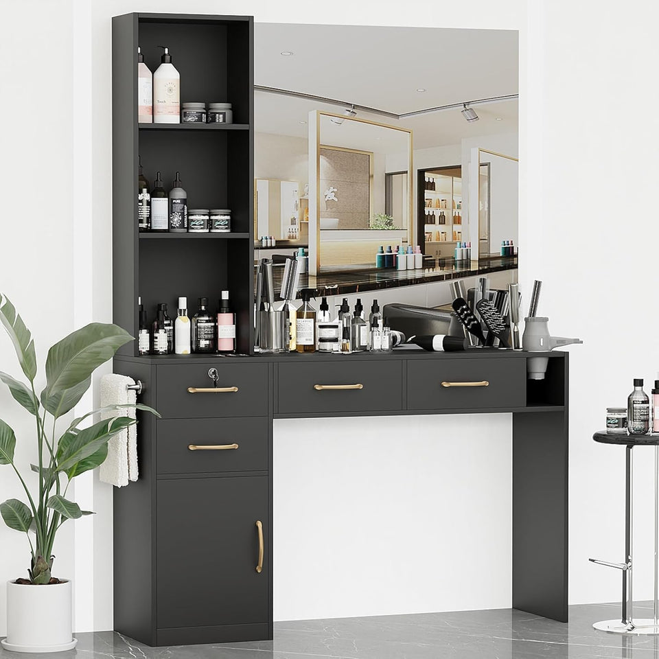 Annzoe barber station with spacious drawers for organized tools.