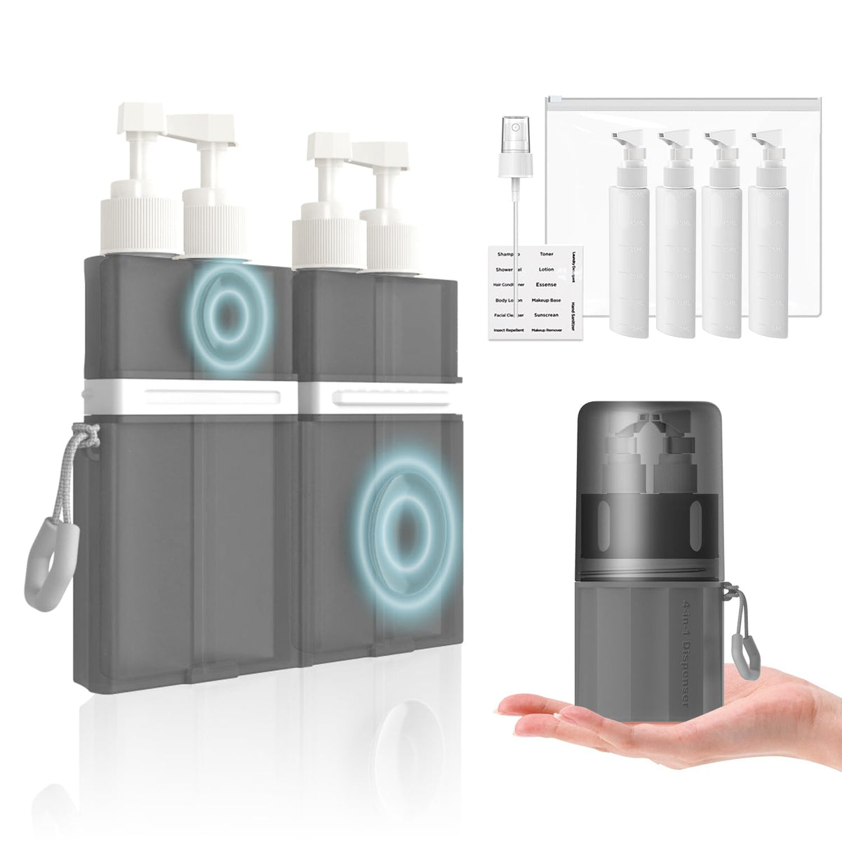 AnOis7ter 4-in-1 travel dispenser grey presents compact storage for trips.