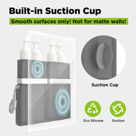 Suction cup attachment holds the dispenser on smooth hotel walls.