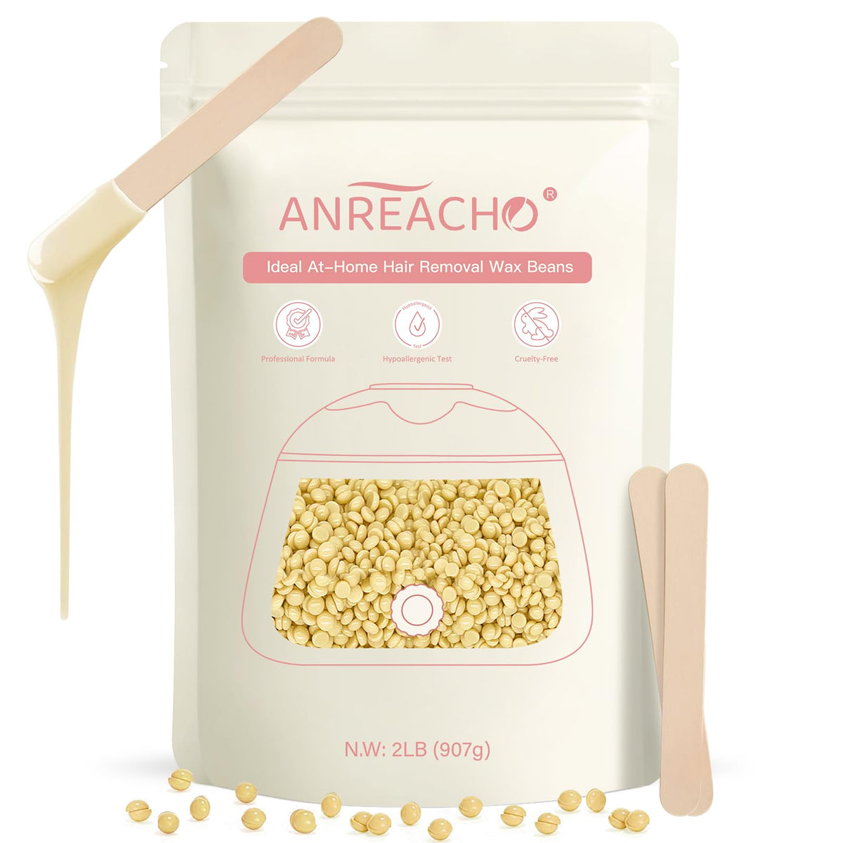 ANREACHO 2lb hard wax beads bulk pack for smoother skin and long-lasting results.