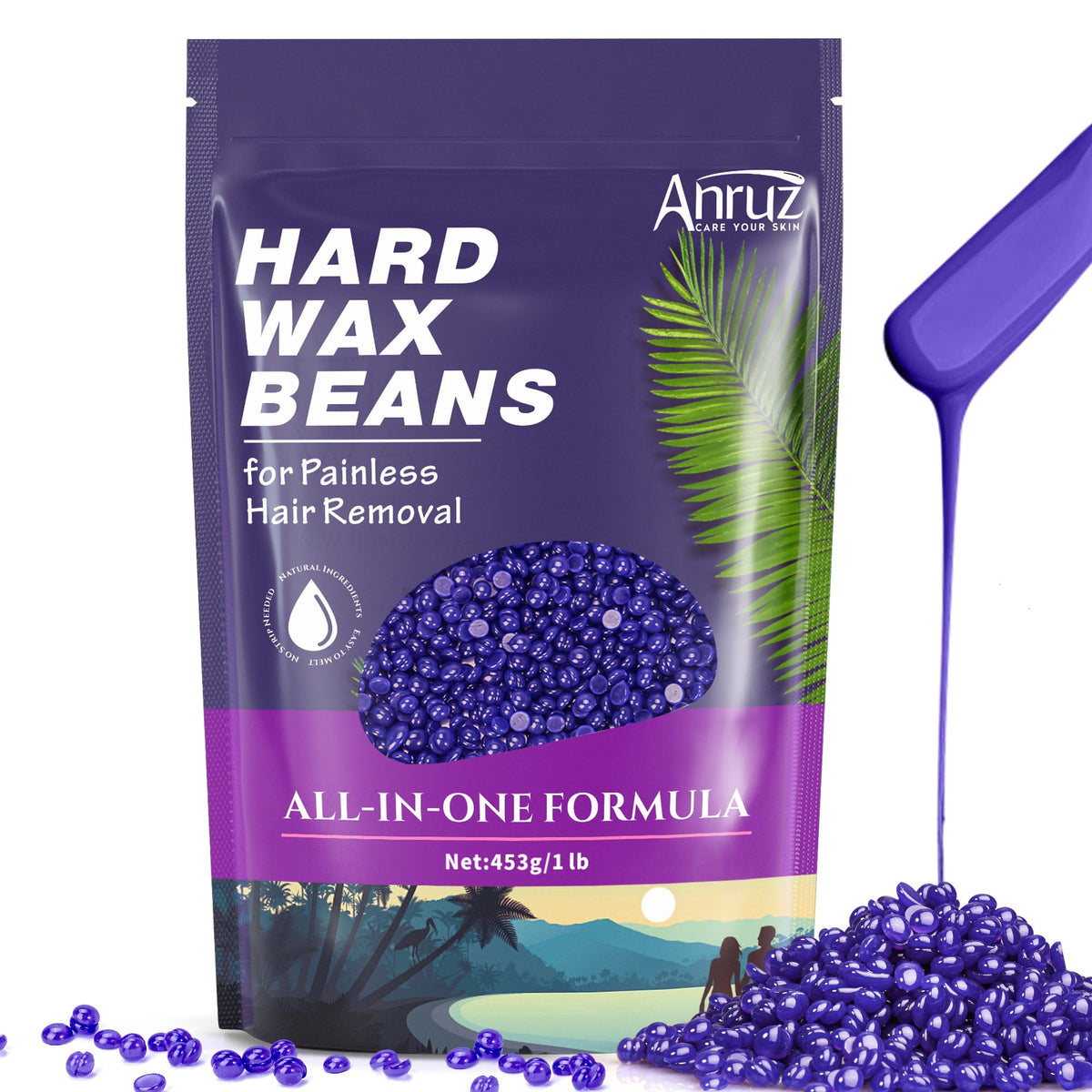 ANRUZ hard lavender wax beads pack showing all-in-one hair removal solution for at-home waxing.
