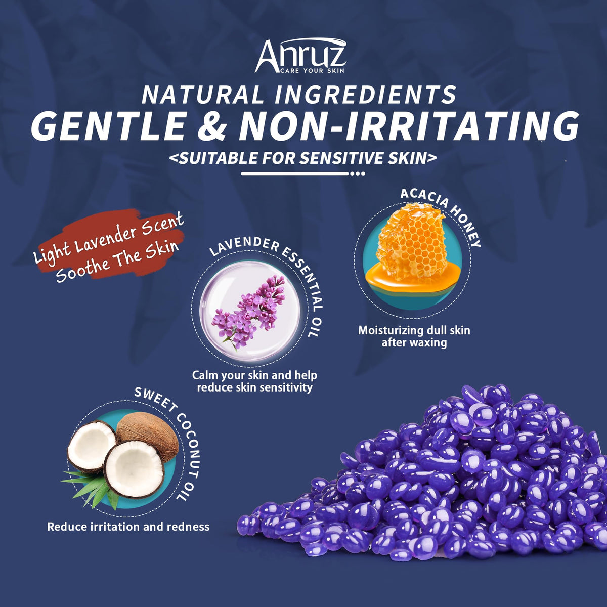 ANRUZ lavender wax beads label detail highlighting lavender extract.